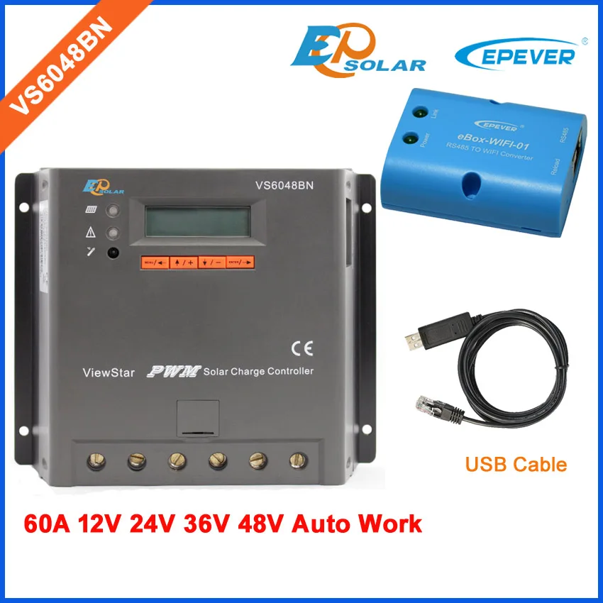 

charger controller solar 60A EPEVER product New PWM series VS6048BN Wifi eBOX and USB cable for communication function lcd