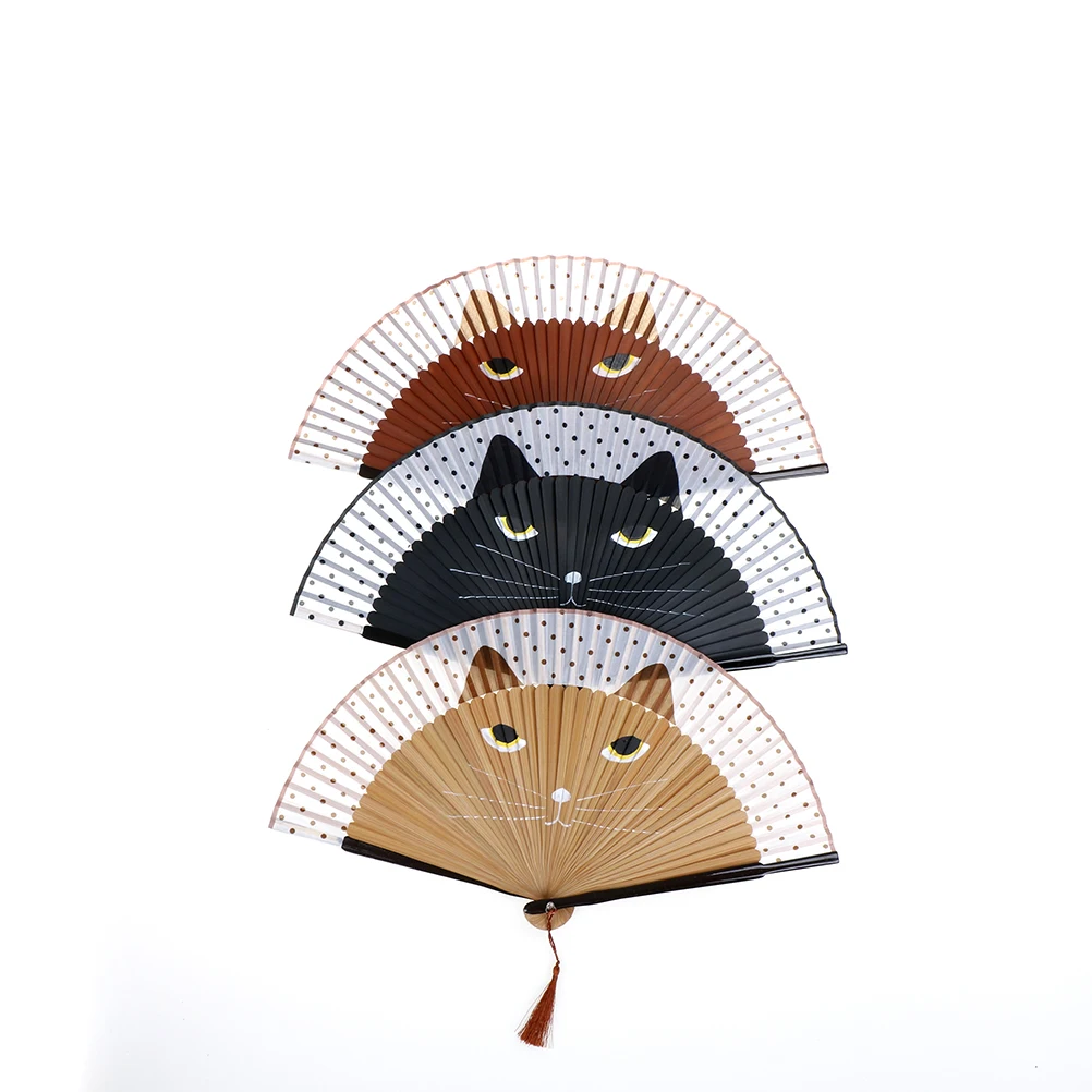 

Lovely Cartoon Cat Folding Silk Fan Handheld Fan Hollow Out Hand Folding Fans Outdoor Dancing Wedding Party Decoration 3 Colors