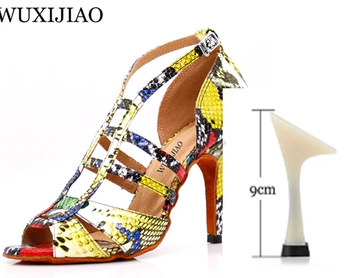 WUXIJIAO/Бальные Танцевальные Туфли; женская обувь; zapatos de mujer; латинские танцевальные туфли для сальсы; Танцевальная обувь; chaussure femme - Цвет: Yellow heel 9cm
