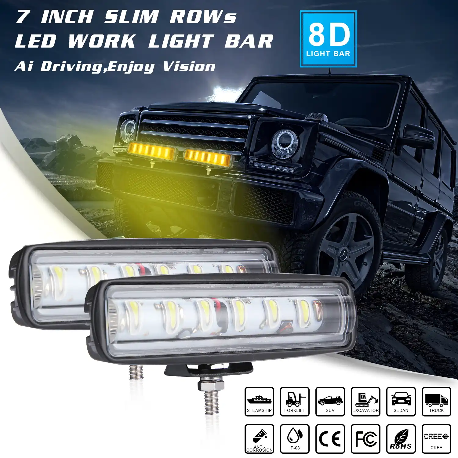 7INCH 60W Yellow Lens LED Work Light Bar Offroad Fog Driving Lamp Car 4WD Truck