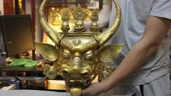 

Tibet Old Copper Bronze 24K Gold Gilt Hell Main Bull Demon Yama Buddha Head Mask
