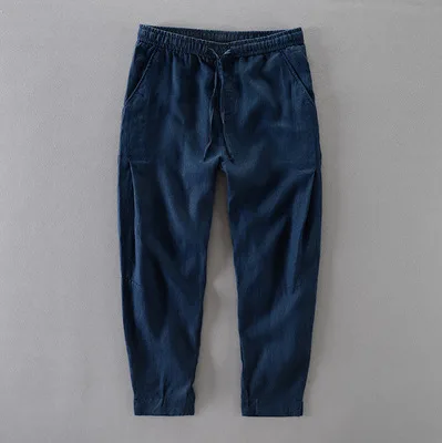 Новые высококачественные мужские летние повседневные брюки из натурального льна белые льняной эластичный корсаж прямые мужские брюки - Цвет: Синий