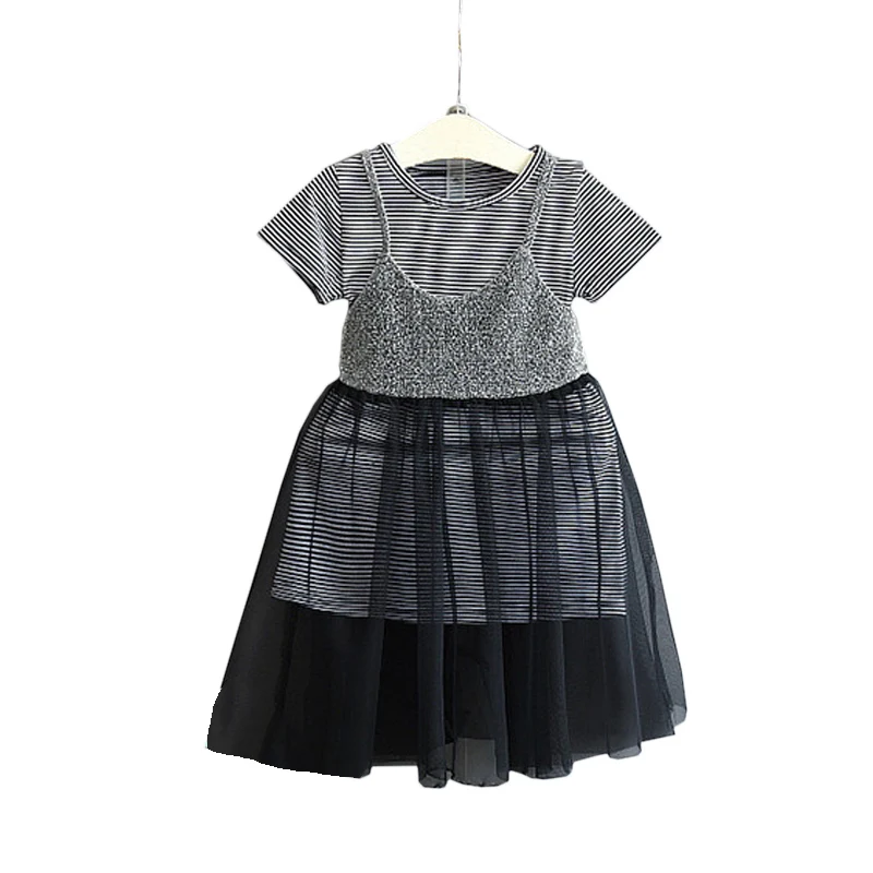 

Summer Lovely Girls Suits Patchwork Dresses Sets Striped Lace Tulle Skirts Set Little Girl Short Sleeve Knee Length Beach Skirts