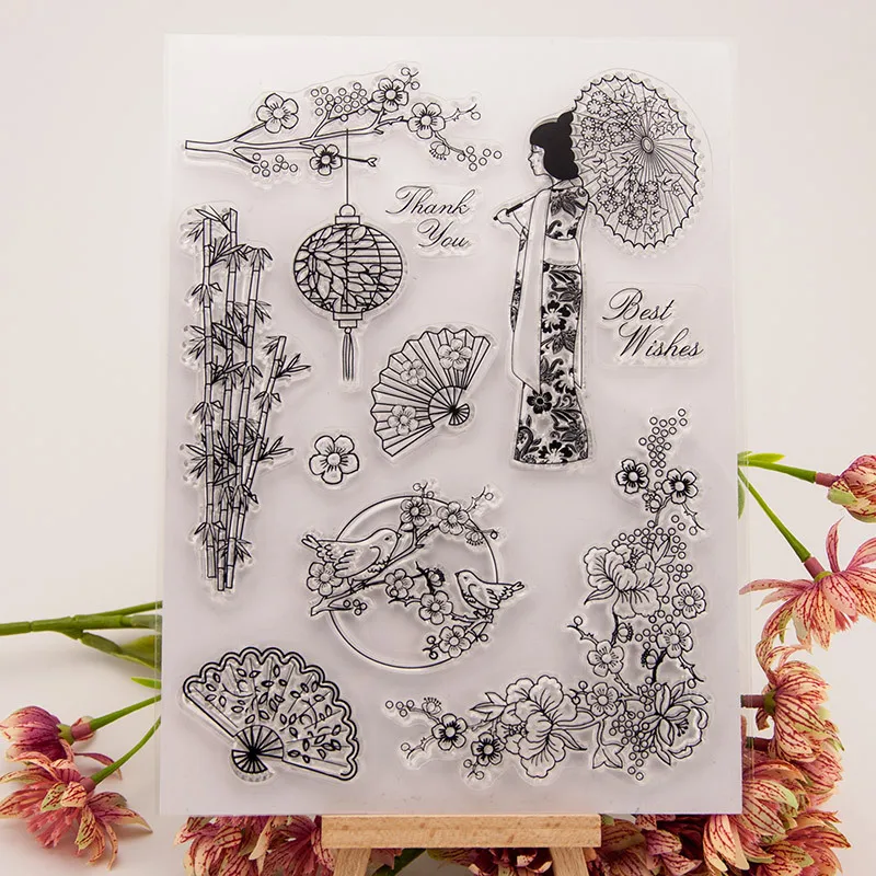 Japanese silicone stamp sakura kimono fan transparent soft diy for scrapbooking Handmade gift card Photo Album stamps | Канцтовары для