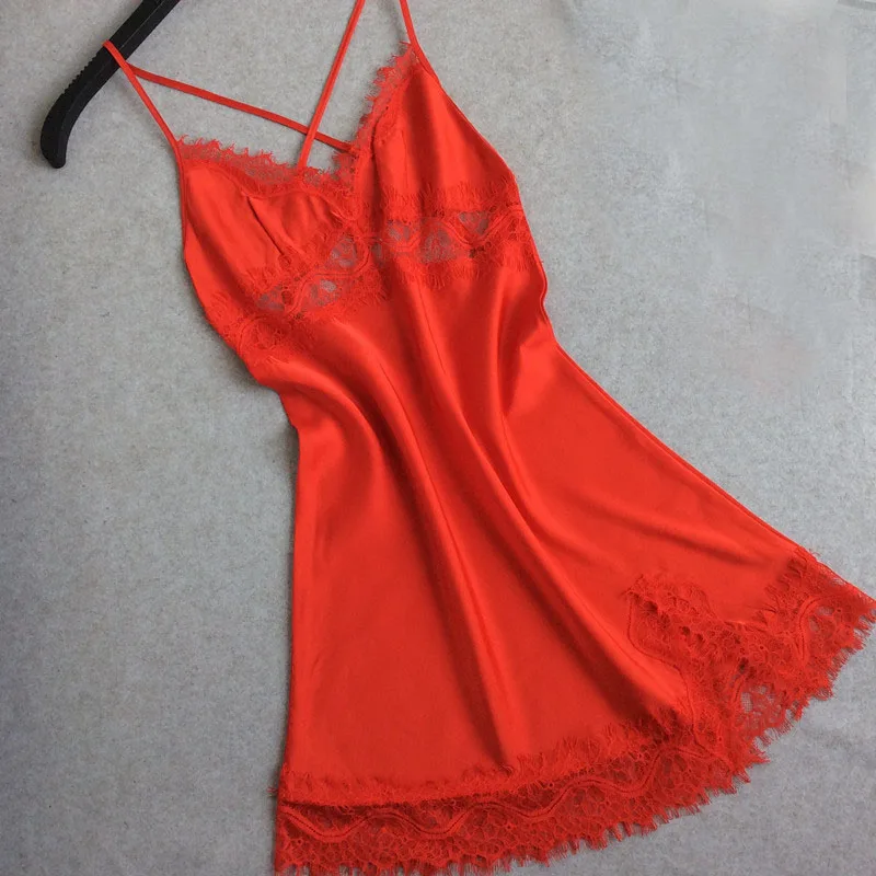 2018 Negligees women Sexy Satin nightgown sling Lace Splicing Nightwear ladies full lace slips