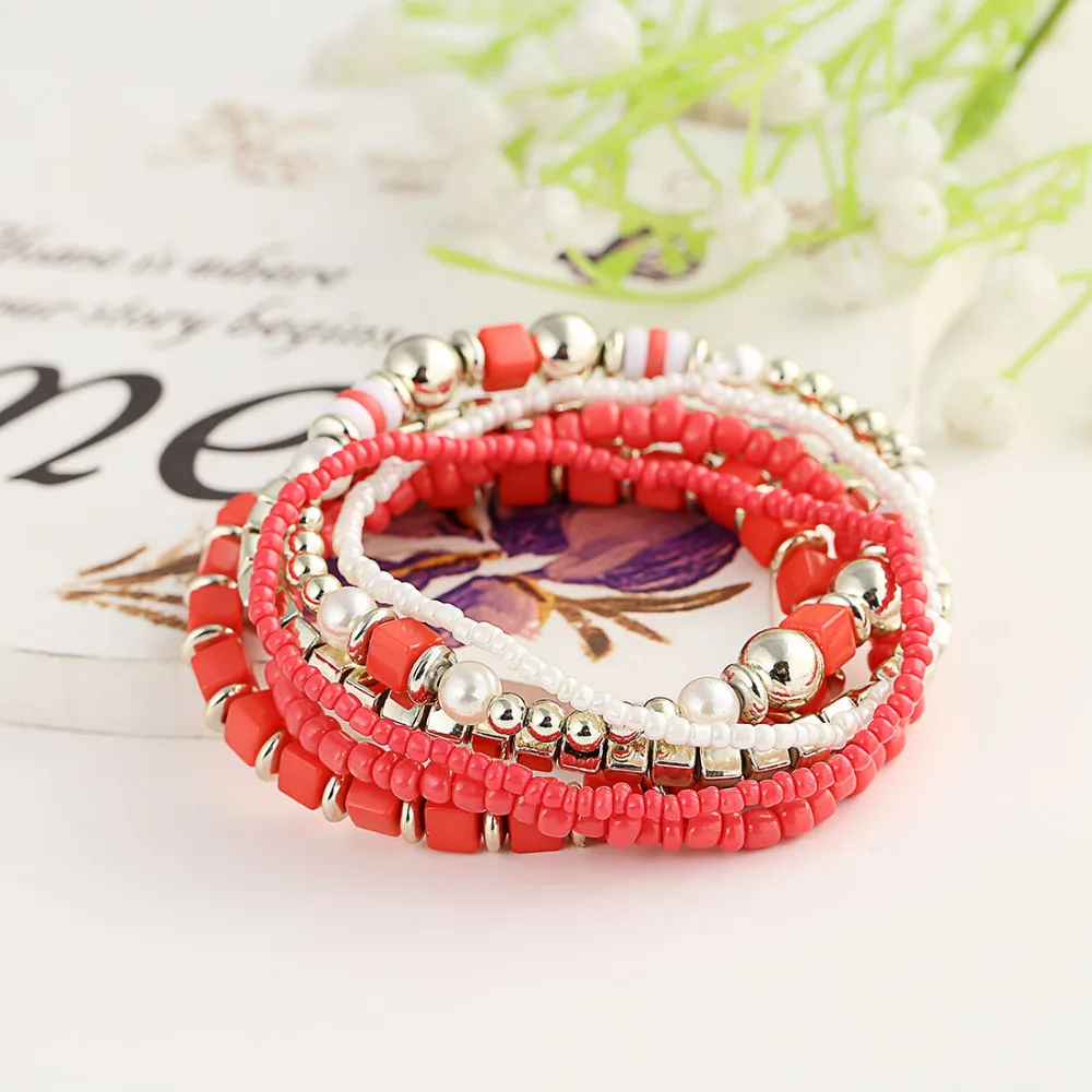 New Alloy Red Bracelet Fashion Multilayer Acrylic Imitation Pearl