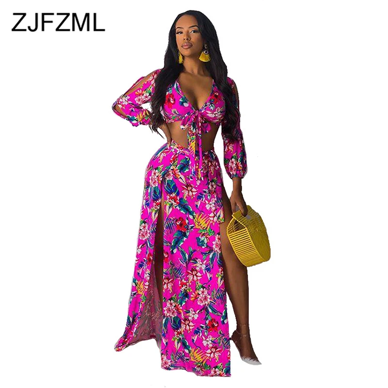 

Sexy Two Piece Floral Dress Women Long Sleeve Tir Bow Side Split Maxi Dress Plus Size High Waisted Loose Summer Dress Vestidos