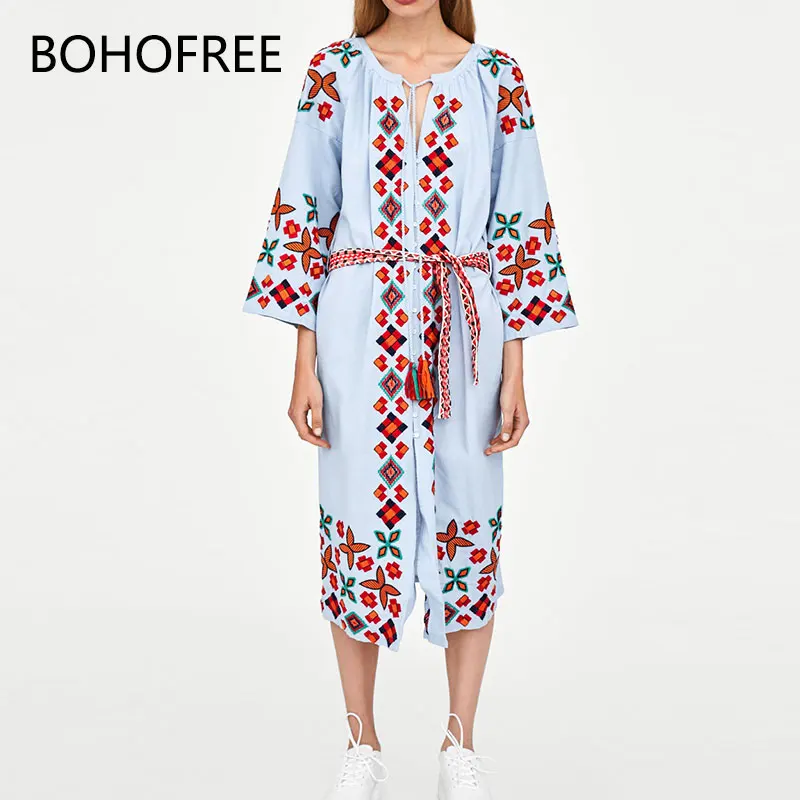 

BOHOFREE Long Robe Ribe Folk Kimono Embroidery Vestidos Femme Sashes Button Down Casual Loose Cardigans Dress Women Boho Dress