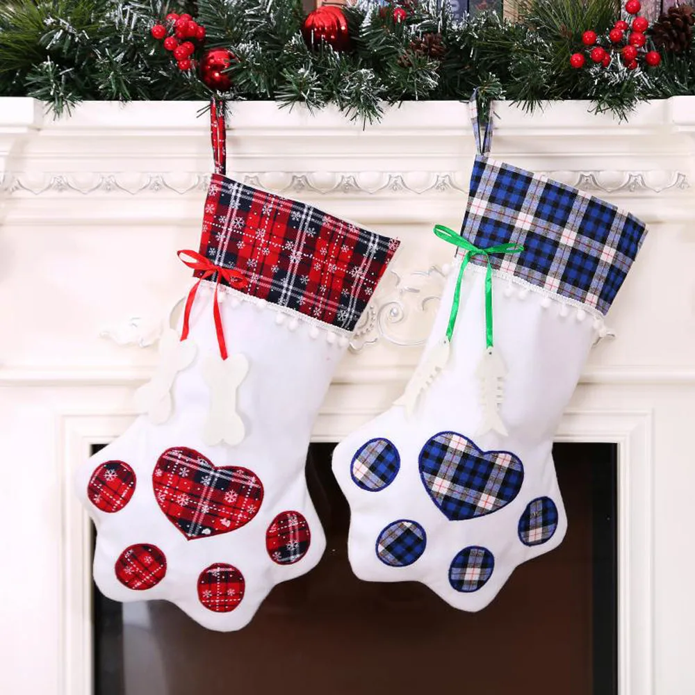Чулки, рождественские аксессуары для украшения дома, клетчатые рождественские подарочные сумки для домашних животных, собак, кошек, лап, носки для чулок, украшения для рождественской елки