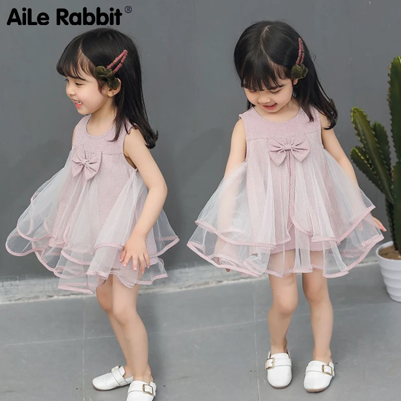 Летнее платье для девочки AiLe Rabbit новинка 2019 маленькое свежее Сетчатое с одной