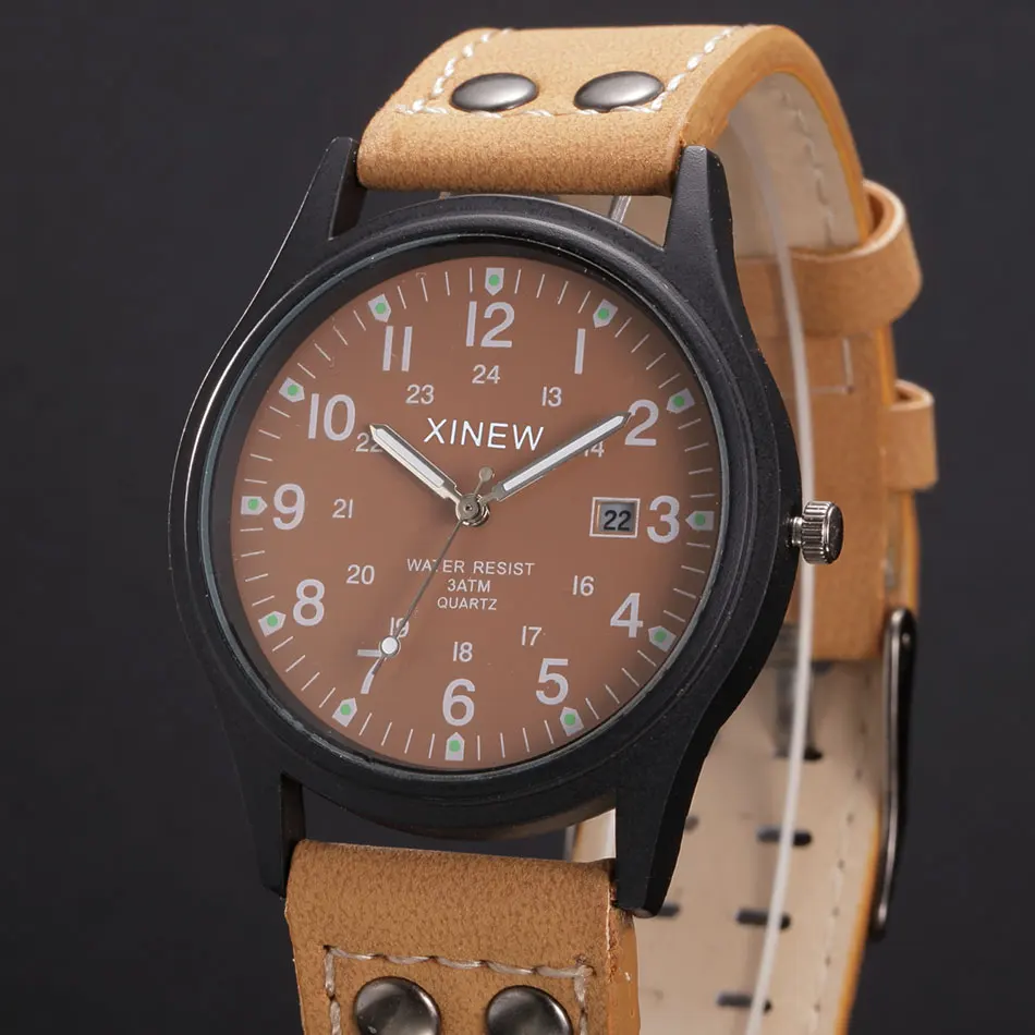 

Fashion Top Brand XINEW Watch Men Leather Band Military Date Quartz Watch Cheap Army Wristwatch relogio masculino marca original