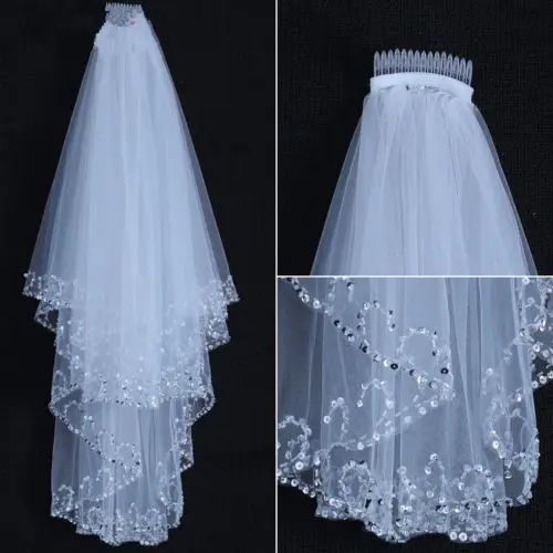 

Elbow Length White Ivory 2T Double Tiered Wedding Bridal Veil with Beads