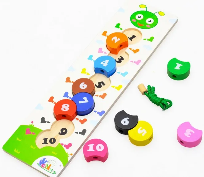 

Wooden learning education baby toys caterpillar digital bead game Kids Montessori Caterpillar number 1-10 building blocks beads