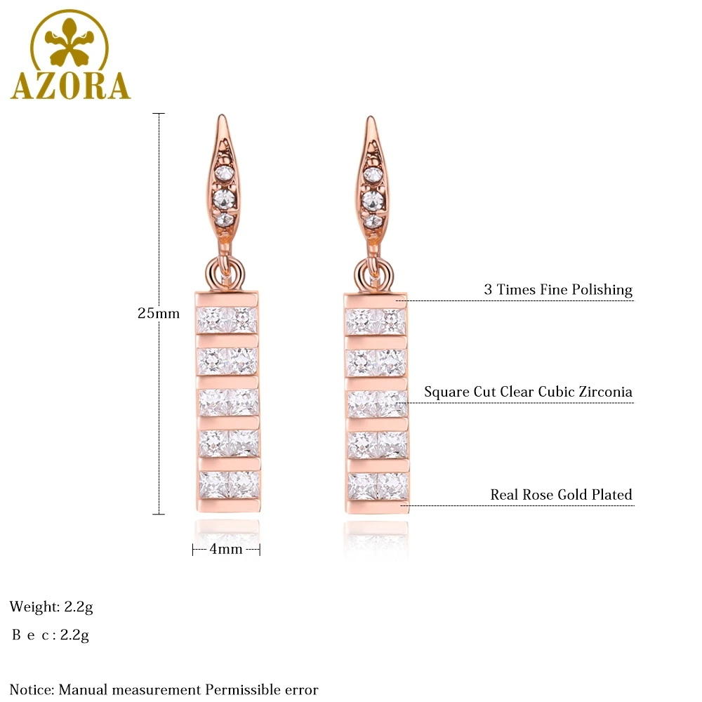 AZORA Full Paved Square Cut Clear Cubic Zirconia Rectangle Drop Earrings for Women Rose Gold Color Jewelry TE0347