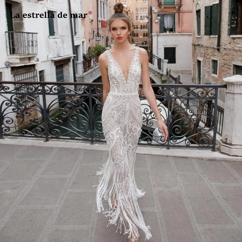 Vestidos de novia corte sirena Новое сексуальное роскошное свадебное платье с v-образным вырезом и кристаллами и бахромой Длинное Платье amanda novias