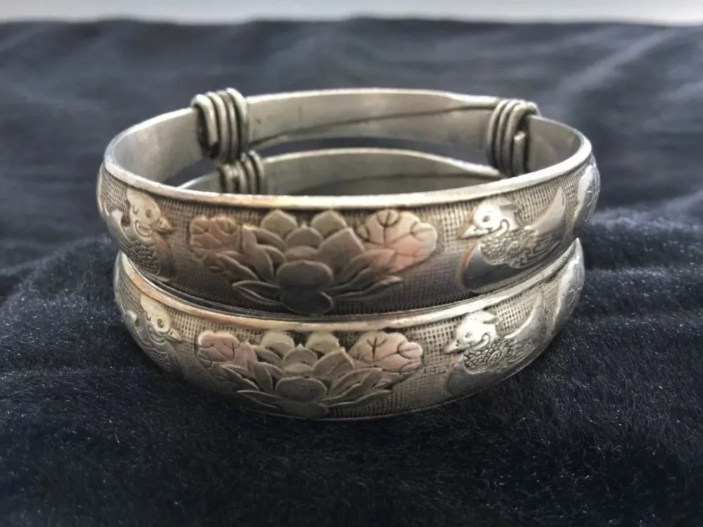 

Old Handwork Miao Silver Carve China Adjust Pair Bracelet