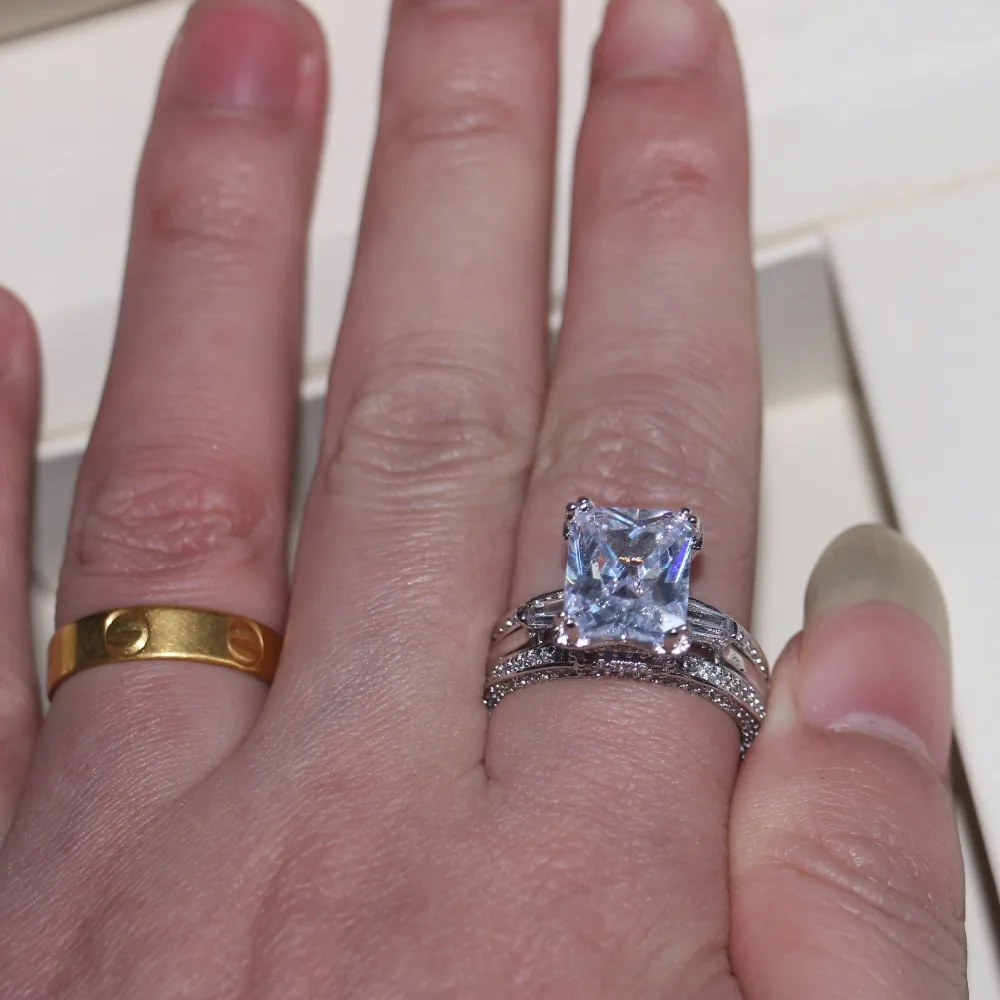 Vecalon Women Big Jewelry ring Princess Cut 10ct AAAAA Zircon stone 300pcs Cz 925 Sterling Silver Engagement Wedding Ring Gift