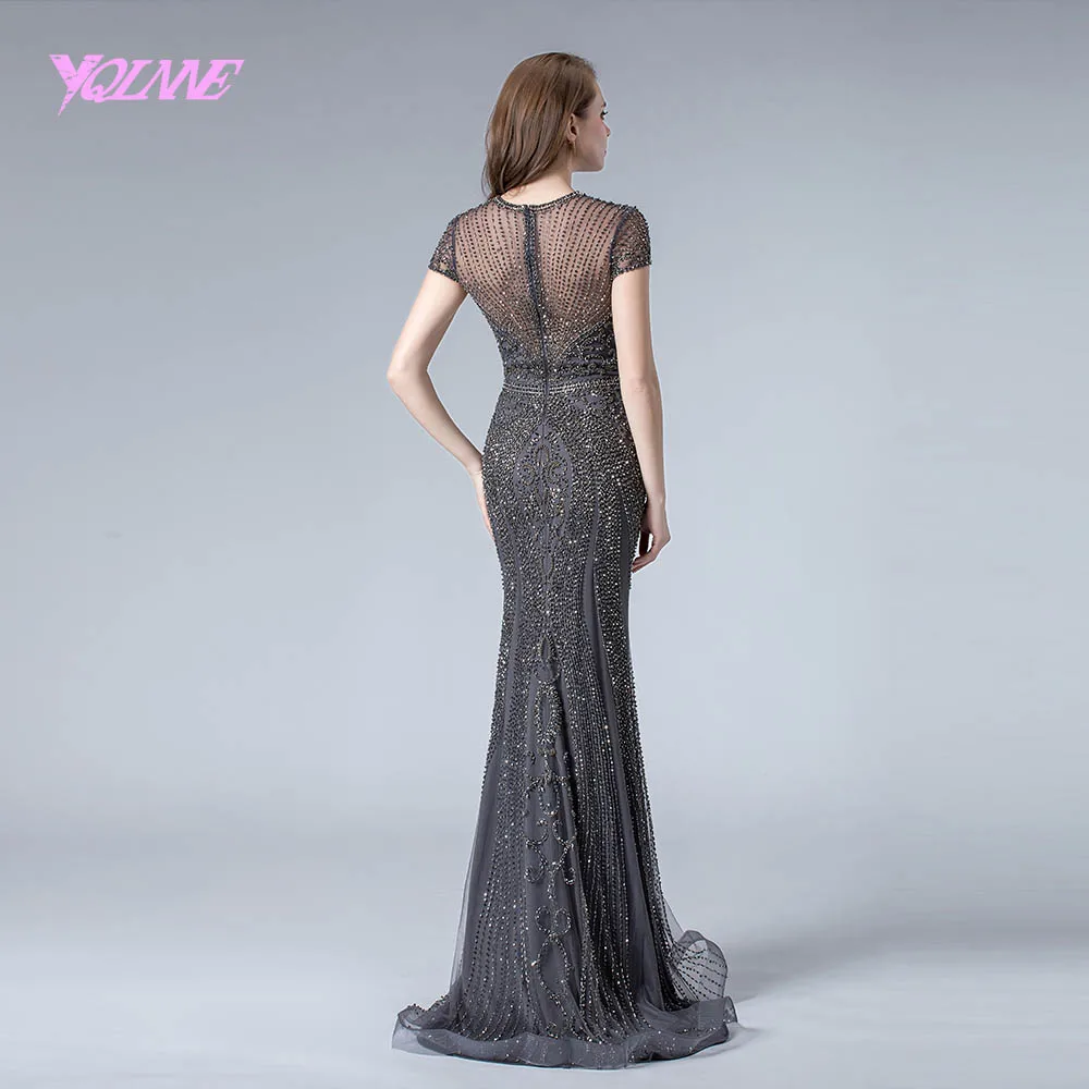 YQLNNE Gray Rhinestones Evening Dress Long 2019 Mermaid Pageant Dresses Formal Evening Gown Cap Sleeve YQLNNE Gray Rhinestones Evening Dress Long 2019 Mermaid Pageant Dresses Formal Evening Gown Cap Sleeve