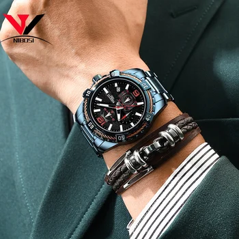 

NIBOSI Chronograph Sport Watches Men Army Military Quartz Watches Waterproof Stainless Steel Clock Male Watch relogio masculino