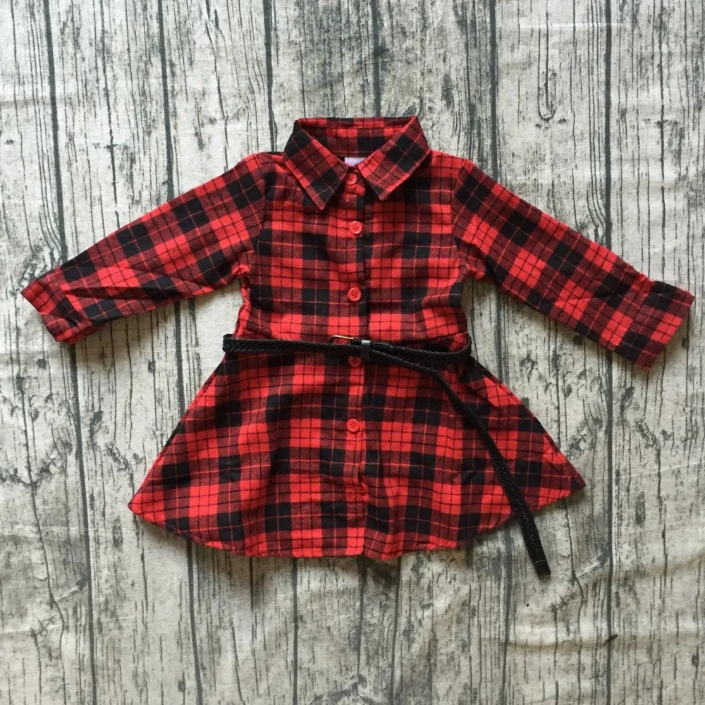 

new Christmas fall/winter baby girls clothes children red black plaid belt dress cotton button ruffle boutique outfits kids wear