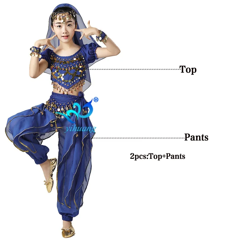 Индийские Костюмы Для Танцев Живота для девочек; Детский костюм на Хэллоуин; Детские вечерние костюмы для выступлений в цыганском египетском стиле; шифоновые комплекты из 6 предметов - Цвет: Royal Blue 2pcs