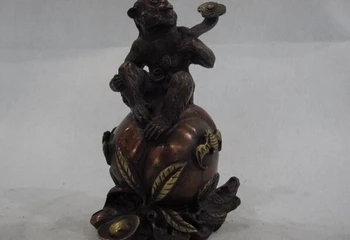 

song voge gem S0982 6 Chinese pure red Bronze Copper Zodiac lucky Ruyi monkey sit on peach Statue