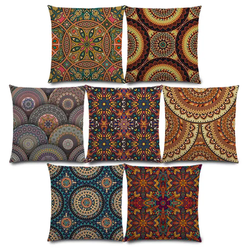 

New Boho Colorful Flowers Abstract Ethnic Floral Mandalas Pattern Design Prints Patchwork Retro Cushion Cover Pillow Case
