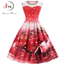 Mulheres Vestido Vermelho Do Natal 2018 Causal Vestidos de Impressão Do Laço Do Vintage Elegante Sem Mangas Midi Vestido de Festa Robe de Vestidos Plus Size