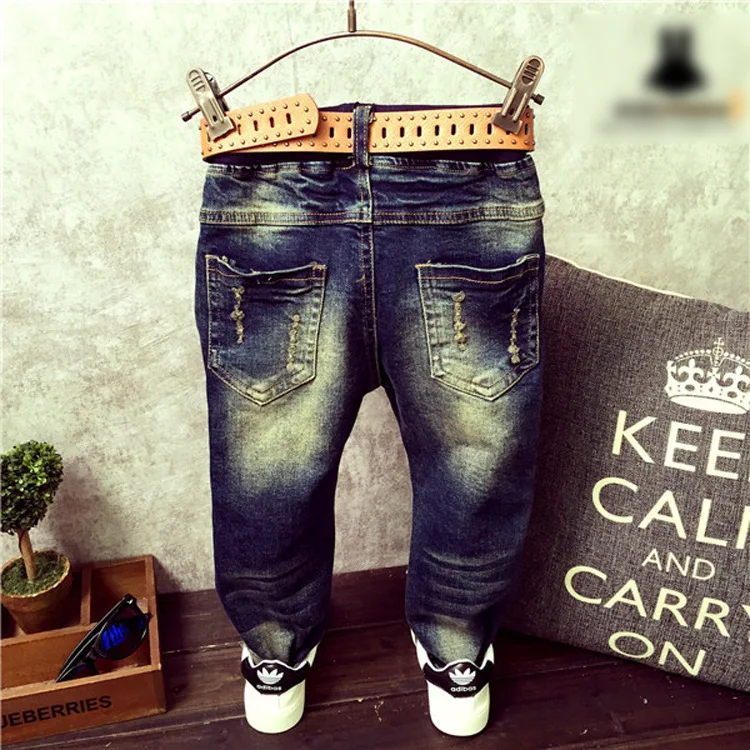 Розничная, от 3 до 7 лет, детские штаны, весенне-Осенняя мода, детская верхняя одежда для мальчиков и девочек высокого качества, рваные джинсы в стиле кэжуал Штаны, W5241
