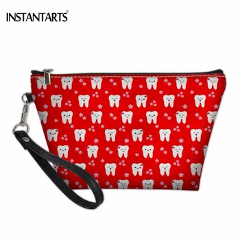 

INSTANTARTS Fashion Brand Woman Red/Purple Cosmetic Cases Cute Cartoon Dentist/Teeth Print Make Up Bag Lady Large Organizer Case