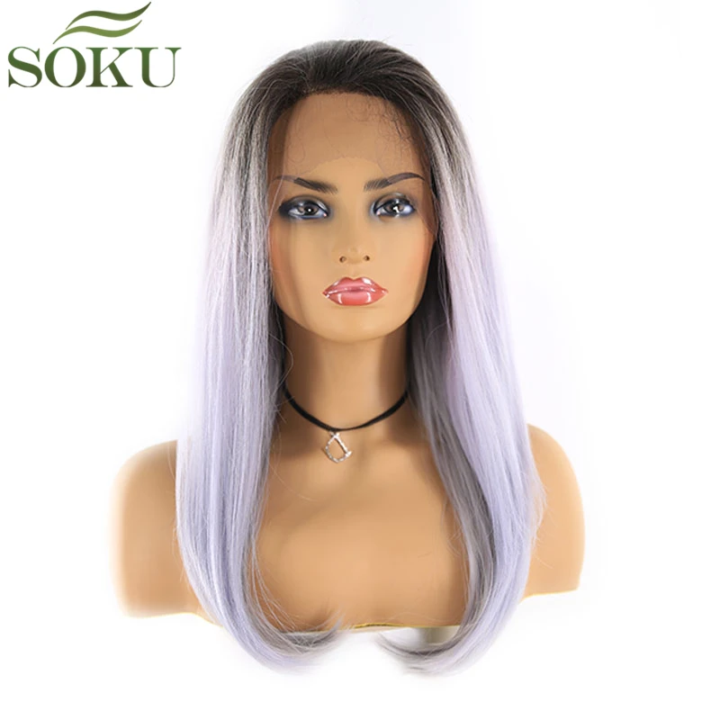 

Synthetic Lace Front Wigs SOKU 24 Inch Straight Dark Root Purple Color Free Part Glueless High Temperature Wigs For Black Women