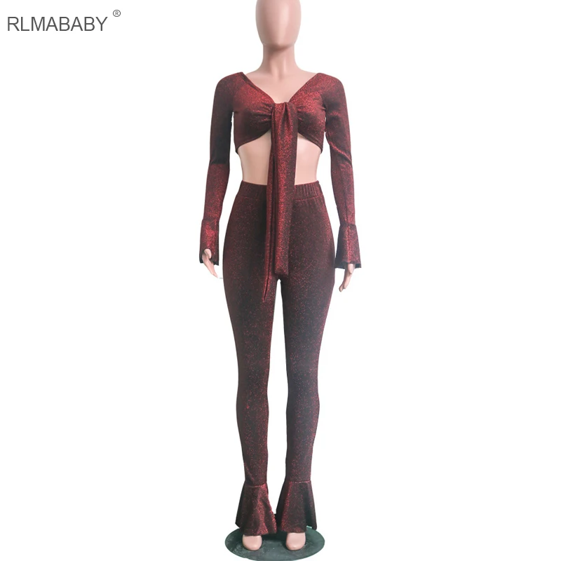 Rlmaaby, сексуальный комбинезон с открытыми плечами, женский комбинезон, высокая эластичность, расклешенный рукав, комплект из 2 предметов, комбинезон, облегающий клубный комбинезон с бантом