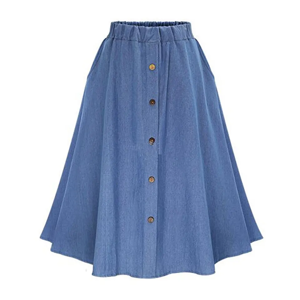 Summer Women Denim Skirt Casual Button High Waist Pleated Skirts Vintage Blue High Elastic Jean Skirts Plus Size Sundress