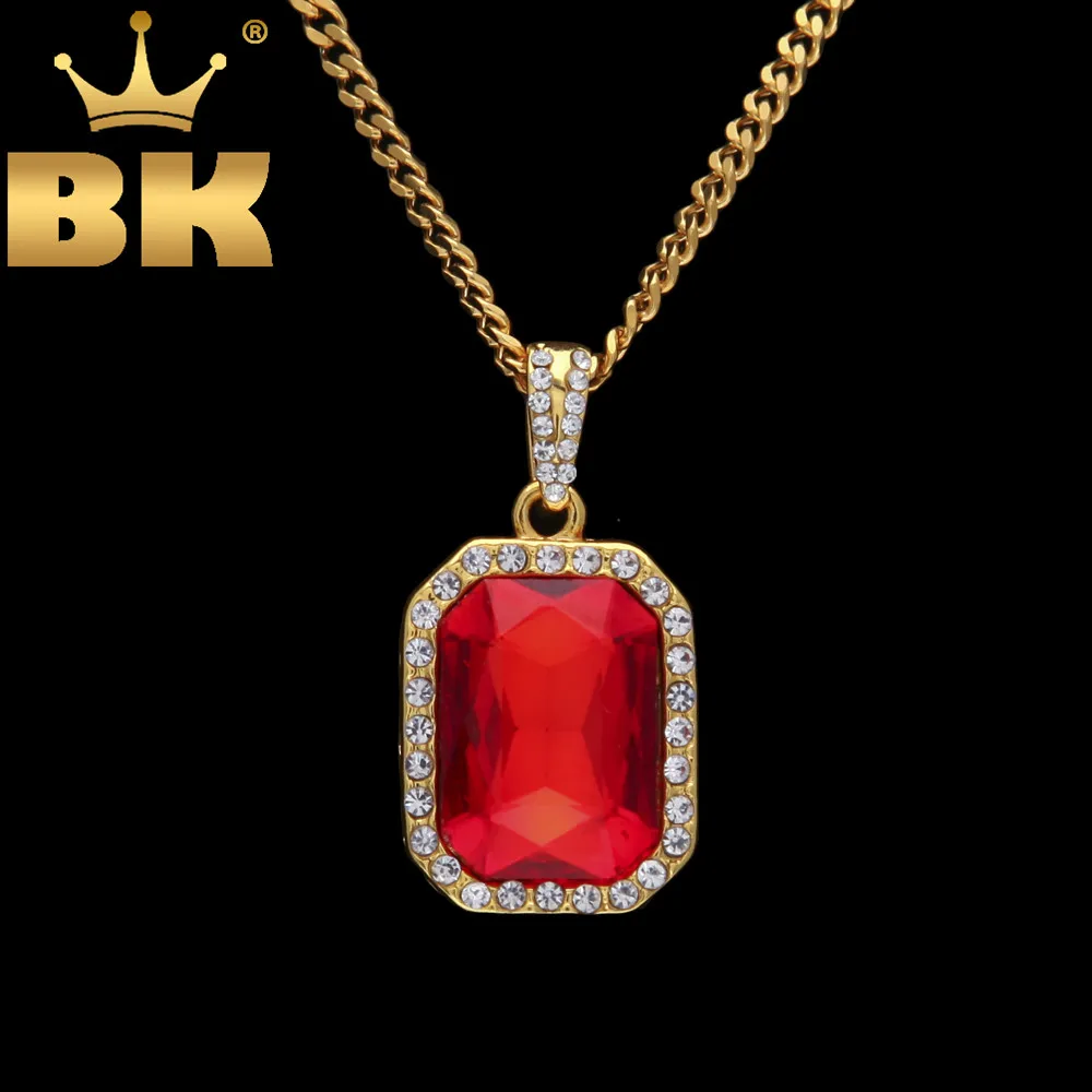 

THE BLING KING Full Iced Out Rhinestones Square Gem Necklace Red/Black/Green/Blue Pendant Gold Silver Fashion Hiphop Jewelry