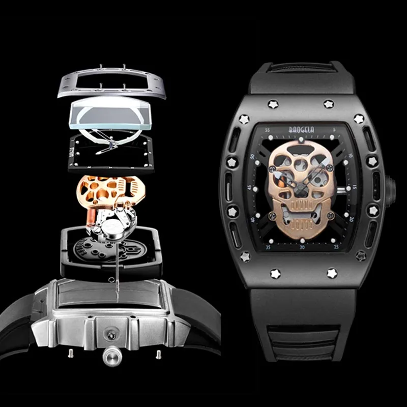 

BAOGELA Male Waterproof Sports Watch Skulls Hollow Out Watch Luminous Male Watch Quartz Watch Black High Quality Silicon Strap