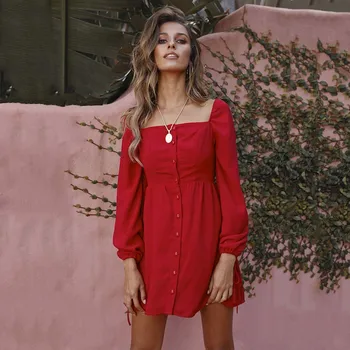 

Fashion Women Mini Dresses Solid Autumn Winter Square Collar High Waist Long Sleeve Buttons Elegant Dress Vestidos 7Q2178