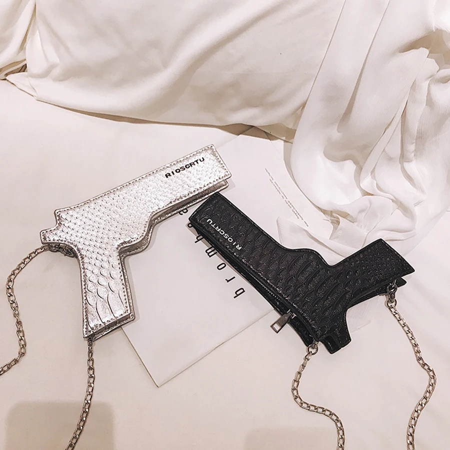 جميل 3D بندقية على شكل حقيبة ساع النساء لطيف سلاسل بو الجلود الكتف Crossbody أكياس الفتيات صغيرة حزب المحافظ حقيبة 2019 INS