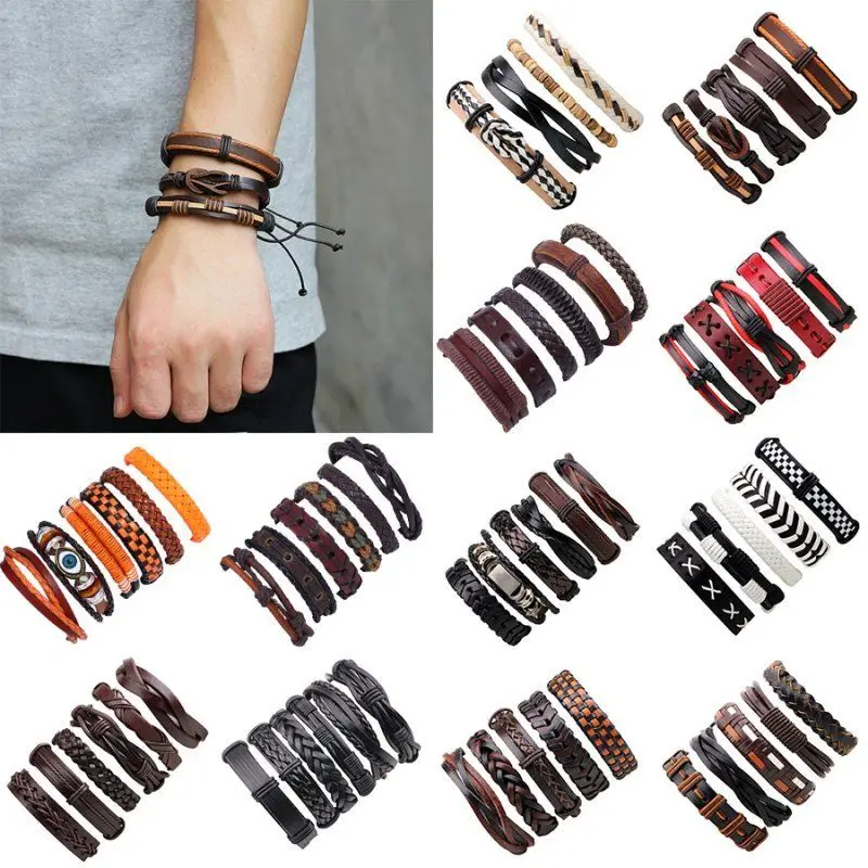 

RINHOO Vintage Genuine Leather Bracelets Charm Multilayer Braid Wrap Bracelets Bangles Punk Rope Chain Wholesale Men Jewelry