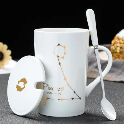 12 унций Созвездие креативные керамические кружки, кофейная кружка с крышкой ложки большой емкости чашки и кружки для чая tasse chat - Цвет: 12 (Pisces)
