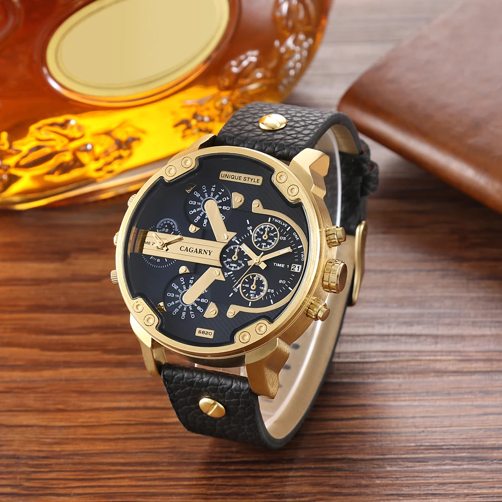 2019 drop shipping top luxury brand cagarny mens watches leather strap big case gold black silver dz military Relogio Masculino male clock man hour (30)