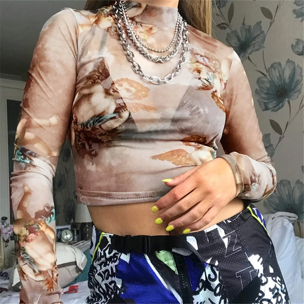 

Print Cropped Long Sleeve t shirt Women Sexy Mesh Transparent Crop Top 2019 Summer Streetwear O-neck Bodycon tshirt T04