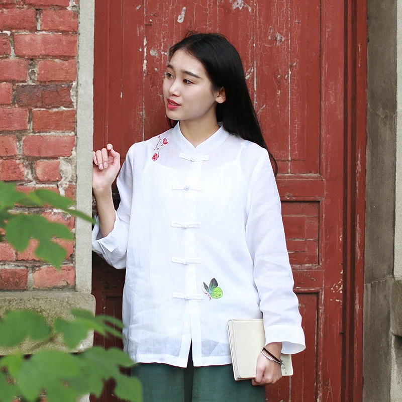 

LZJN Folk Style Chinese Garment 9 Points Sleeve Linen Blouse Shirt Women Summer Tops White Blouses Feminine Chemise Femme Blusas