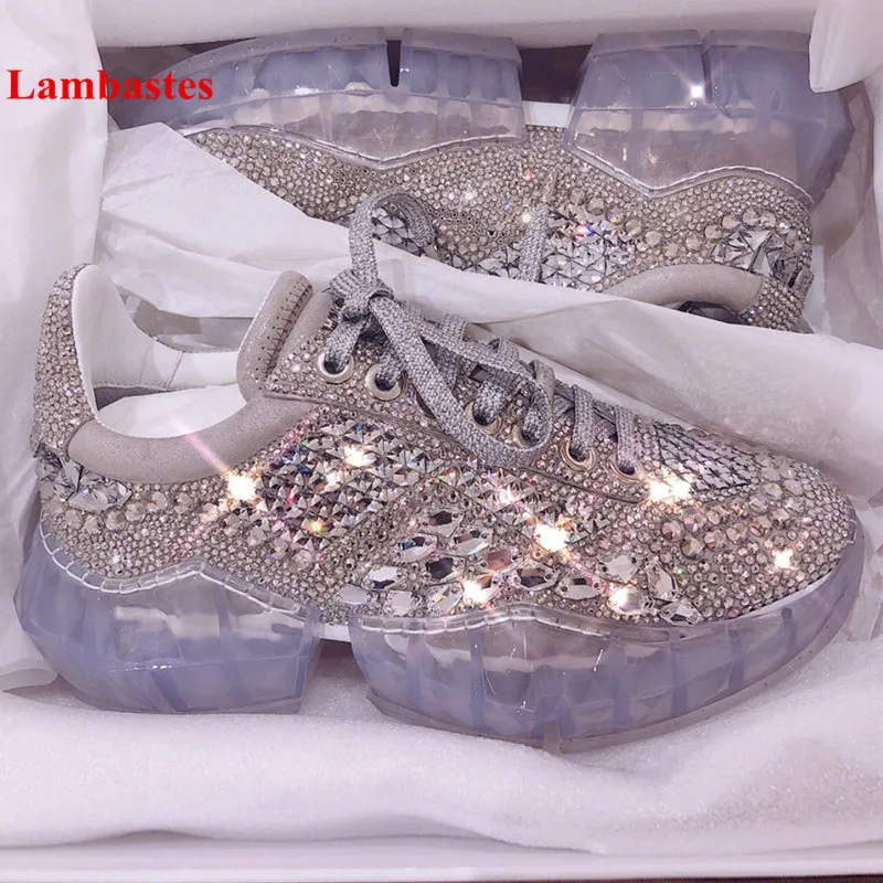 

2019 Spring Shoes Women Crystal Embellished Transparent Thick Bottom Women Sneakers Lace Up Platform Leather Flats Casual Shoes