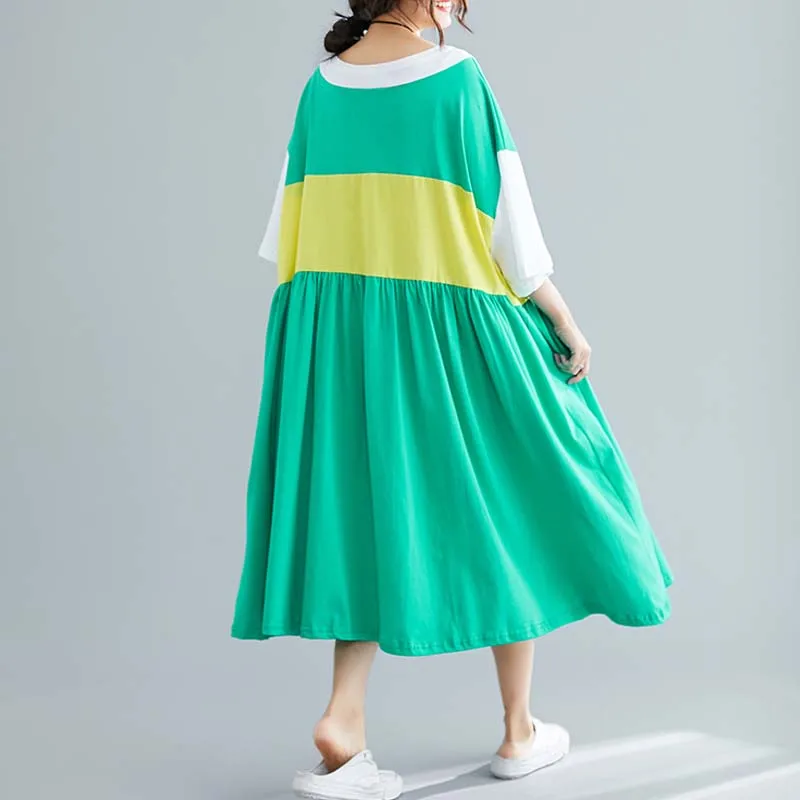 Plus Size Korean Cotton T Shirt Dress Summer Midi Patchwork Dresses For Women 4XL 5XL 6XL 7XL Vestidos Loose Pleated Dress