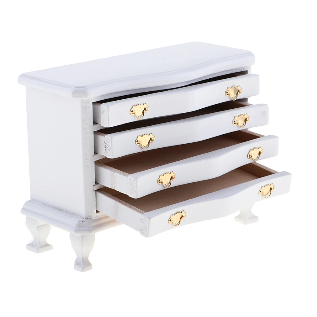 Handcrafts 1/12 White Wooden 4-Drawer Cabinet Furniture For Dollhouse Room Item Accessory