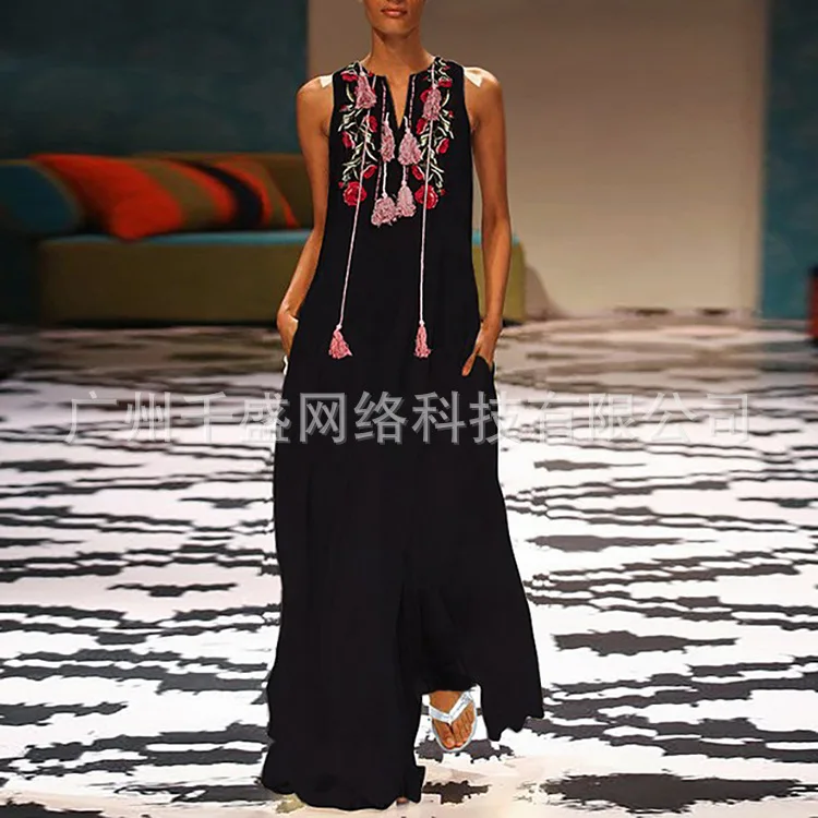 

Sexy Floral Print Tassels Women Summer Dress Sleeveless V-Neck Vintage Maxi Boho Party Black Casual Loose Beach Dress