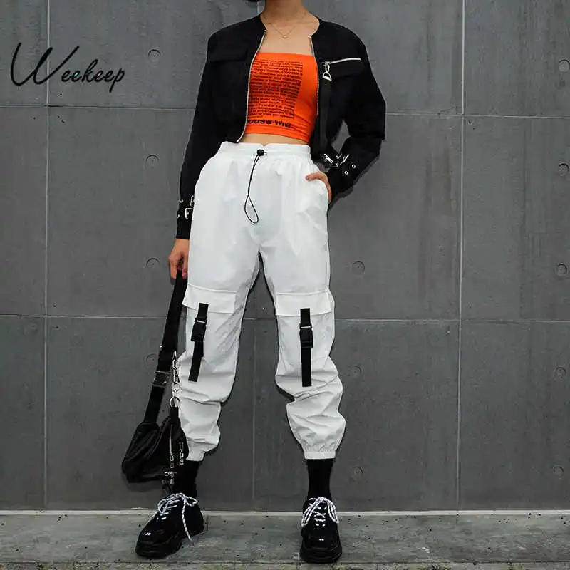 

Weekeep Women White High Waist Cargo Pants Streetwear Pockets Patchwork Pencil Pants Loose Elastic Waist Trousers Women