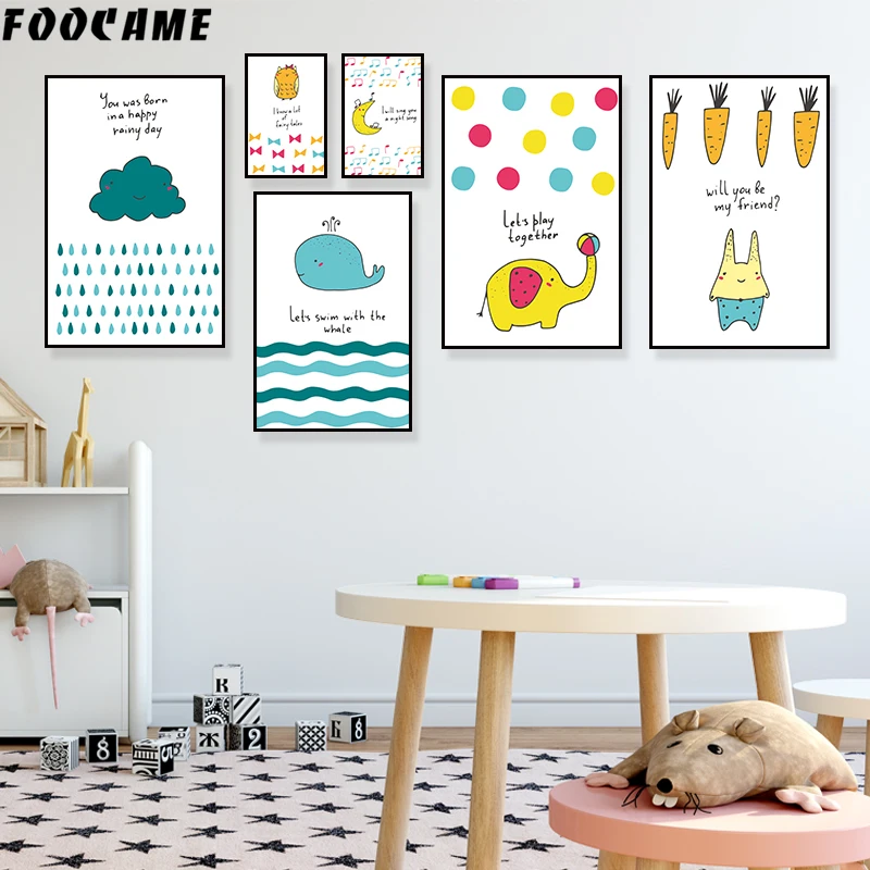 

FOOCAME Cartoon Elephant Whale Rabbit Car Posters and Prints Art Canvas Painting Decorative Wall Pictures Kids Rooms Nursery