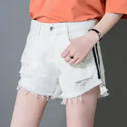 CTRLCITY 2018 Лето Аппликации Для женщин бисером отверстие Шорты Высокая Талия Джинсовые шорты для Для женщин свободные плюс джинсы короткие