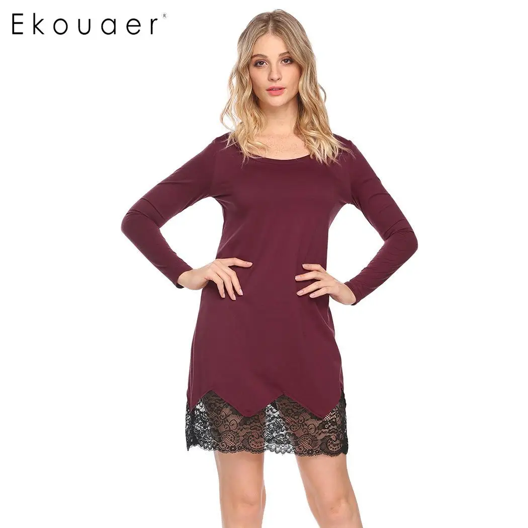 

Ekouaer Women Sleepshirts Night Gown Round Neck Long Sleeve Sleepwear Lace Patchwork Casual A-Line Sleep Dress Nightwear